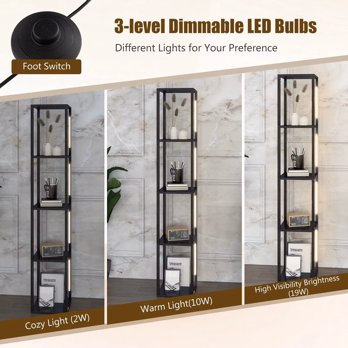 Costway Black Floor Lamp with Shelves and 3-Level Dimmable LED Bulbs, H 163 x W 29 x D 29 cm – 3