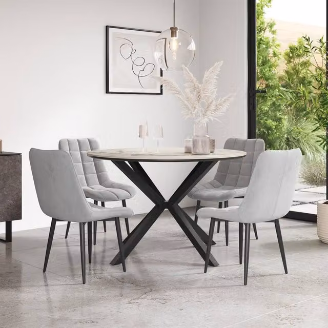 More4Homes Calne Calcutta Gold Ceramic Round Dining Table and 4 Nova Grey Velvet Chairs, Diameter: 120 cm, Height: 75 cm
