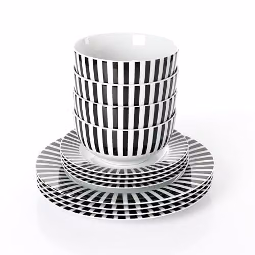 Waterside 12-Piece Black and White Striped Porcelain Dinner Set