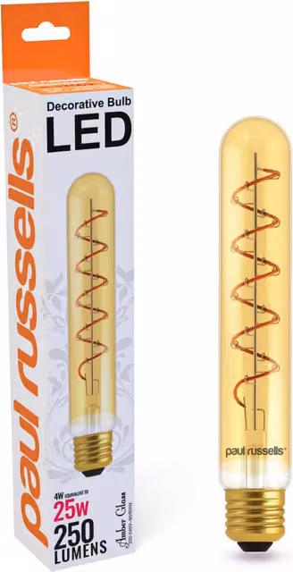 Paul Russells 4W LED T32 E27 Vintage Filament Bulb, 250lm, 1800K Extra Warm White