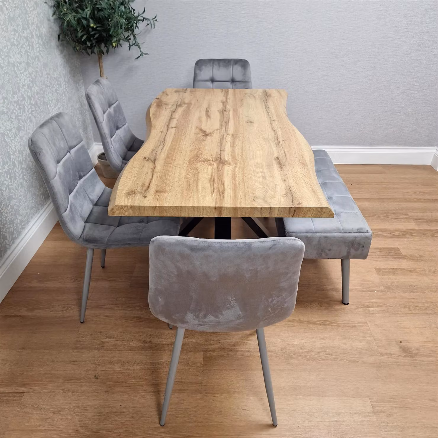 KOSY KOALA Brown Wooden Rectangular Dining Table Set with 2 Grey Velvet Chairs and Padded Bench – 3