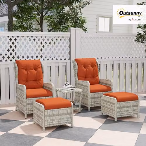 Outsunny 4 Piece Rattan Garden Furniture Set with Lounge Armchair, Ottoman, Coffee Table and Upholstered Cushions in Orange – 2