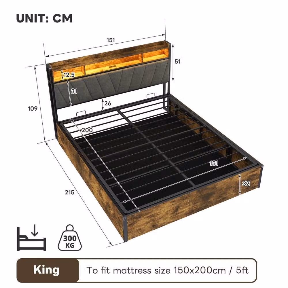 Matteo King Bed Frame with Hydraulic Storage, RGB LED Headboard and USB Charging Ports, W/D/H: 180 x 200 cm – 5