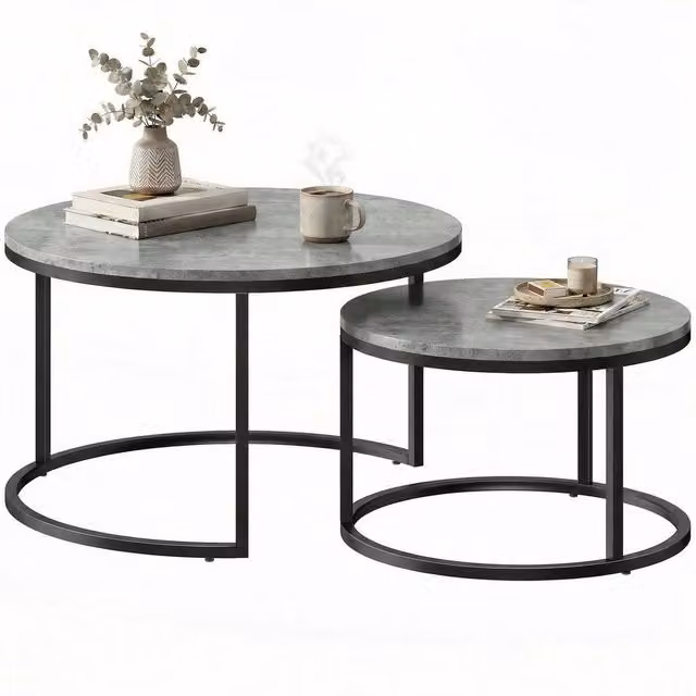 KORVIXA 2 Piece Round Stacking Coffee Table Set with Steel Frame in Grey and Black, W/D/H: 100 x 100 x 100 cm