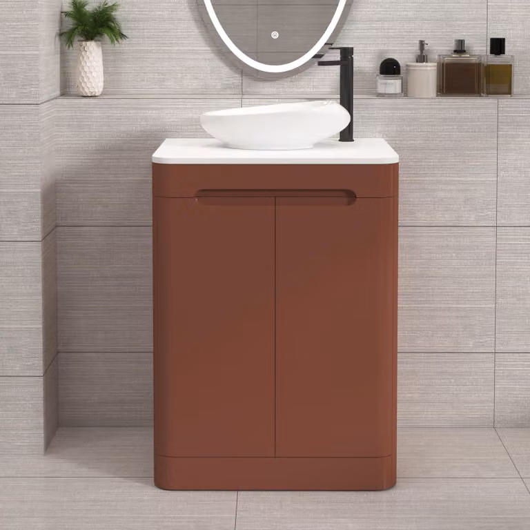 Royal Bathrooms Venice 600mm Terracotta Clay Floor Standing 2 Door Vanity Unit with Plain White Worktop and Nova Basin