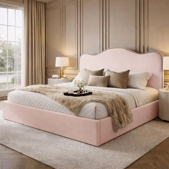 Desire Deco Angelito Upholstered Plush Velvet Bed Frame in Pink, Super King Size