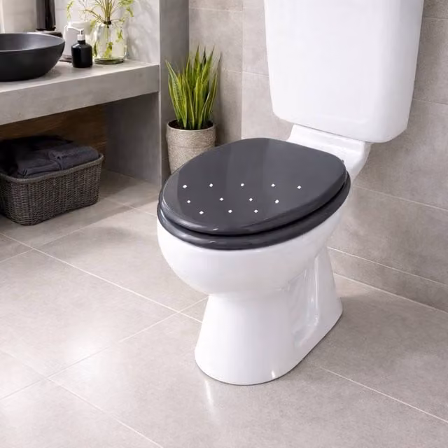 Spot On Dealz Black Diamante Round MDF Wooden Toilet Seat with Fixing Included