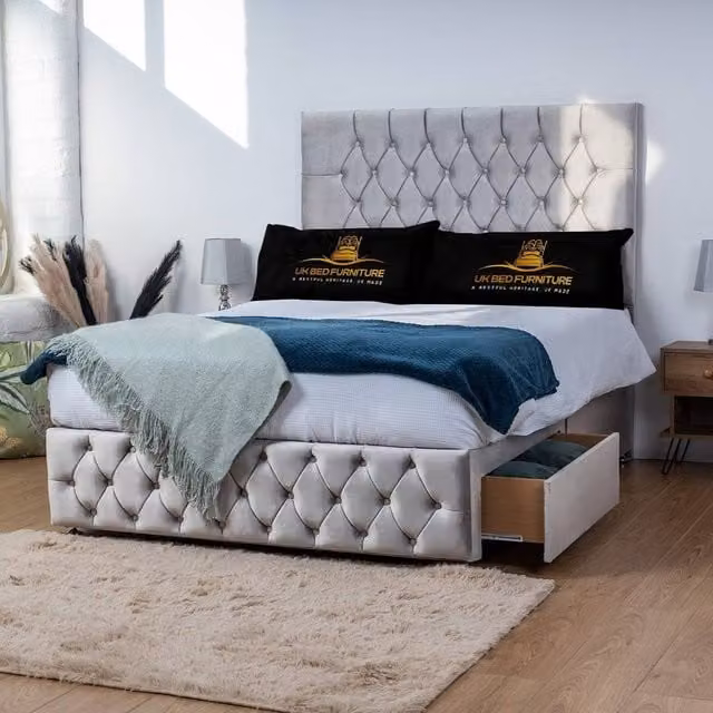 UK Bed Furniture Monaco Single Divan Bed with 2 Drawers and 26 Inch Headboard in Silver Velvet Fabric, W/D/H: 90 x 190 cm