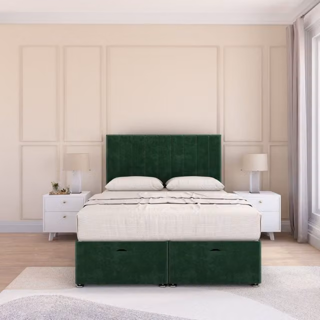 Sloomy Kansas Super King Ottoman Bed with Sprung Memory Hybrid Mattress and 54 Inch Floorstanding Headboard in Emerald Green
