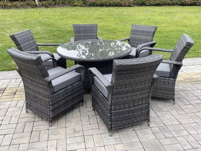 Fimous Outdoor Rattan Garden Furniture Dining Set with Round Glass Table and 6 Chairs in Dark Grey