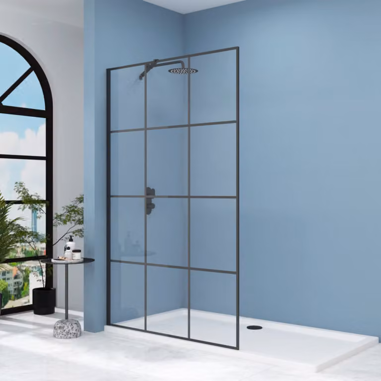 Royal Bathrooms Milan Walk-In Wet Room Shower Screen, Matt Black Grid, Clear 8mm Easy Clean Glass, W: 100 cm, H: 185 cm