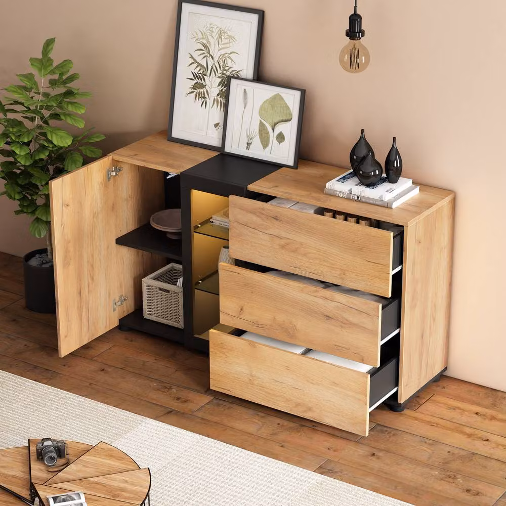 Tokpiedi Modern Brown Sideboard with Glass Display Cabinet and Integrated Lighting – 2