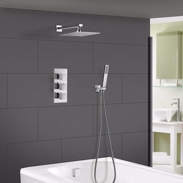 Nes Home Olive Square 3 Way Concealed Thermostatic Shower Mixer Set with Shower Head, Handset, Bath Filler and Pop Up Waste in Silver