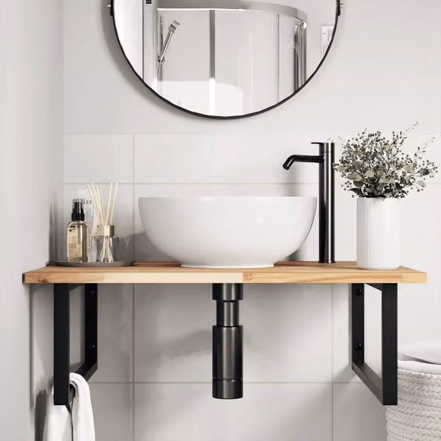 Berkfield Home Elegant Wall Mounted Basin Shelf in Brown Acacia Wood and Black Steel – 1