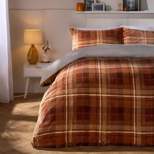 OHS Reversible Checked Sherpa Fleece Duvet Cover and Pillowcase Set, Rust Orange, W/D/H: 200 x 200 x 50 cm