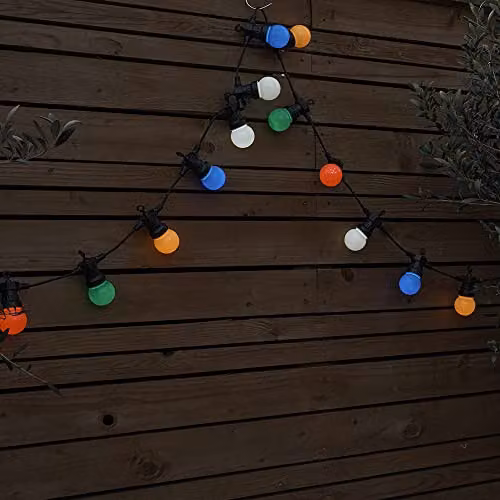 MiniSun Set of 10 Multicoloured Outdoor LED Festoon Lights, 5.7m, IP44 Rated, Warm White 2700K – 2