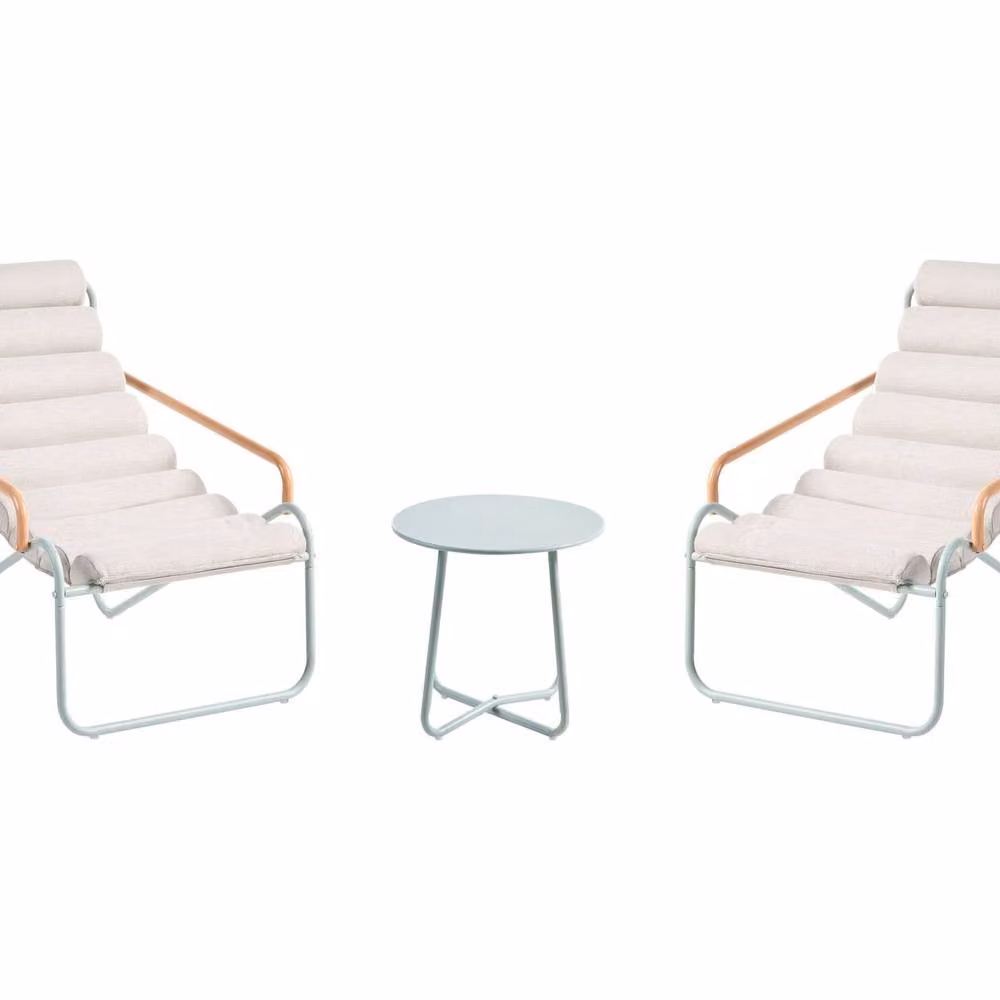 Wyld and Coco Modern 2 Seater Outdoor Lounge Set in Green Powder Coated Steel with Coffee Table and UV Resistant Polyester Cushions – 2