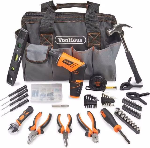 VonHaus Cordless Hand Drill and Household Tool Kit with Rechargeable Battery, Black