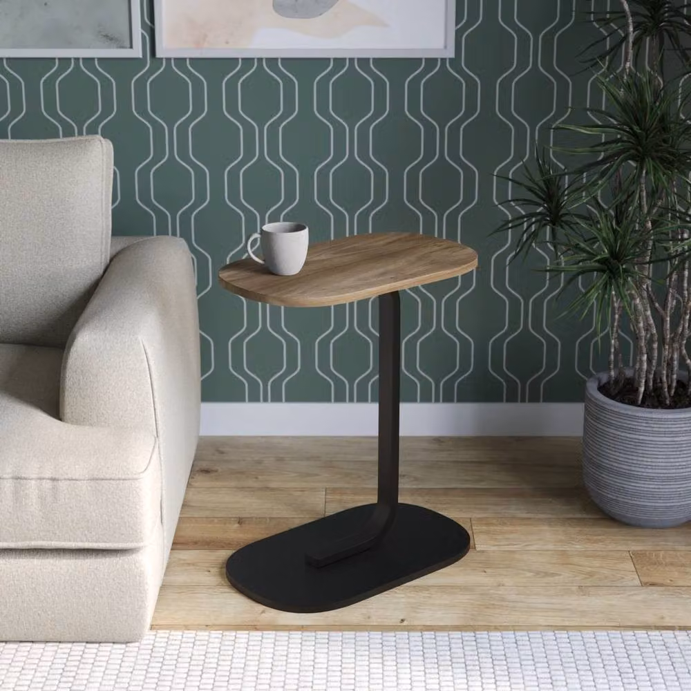 Havendro Oak C Shaped Side Table with Oval Wood and Metal Design in Light Oak – 3