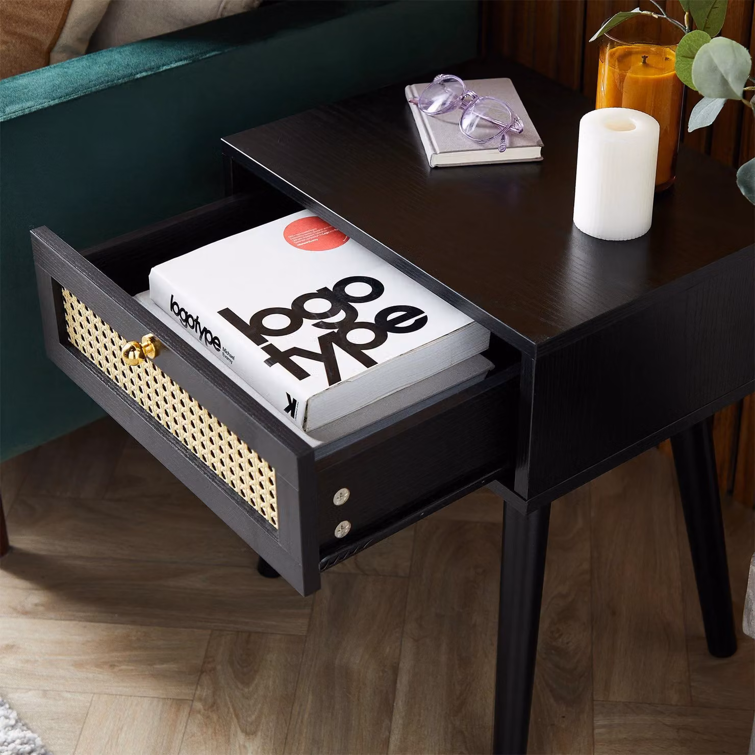 Spinningfield Black and Gold Rattan Effect Bedside Table with 1 Drawer – 3