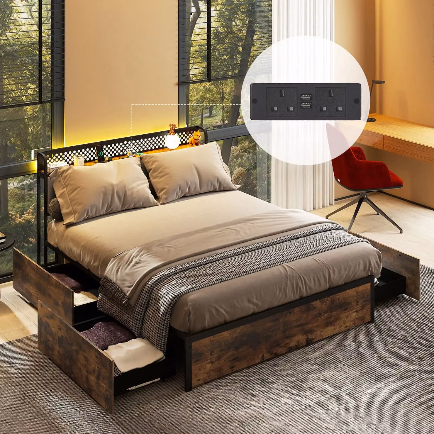 Costway King Size Platform Bed in Brown with LED Lights, USB Charging Ports, Bedside Shelves and Storage Drawers, 180x200 cm – 2
