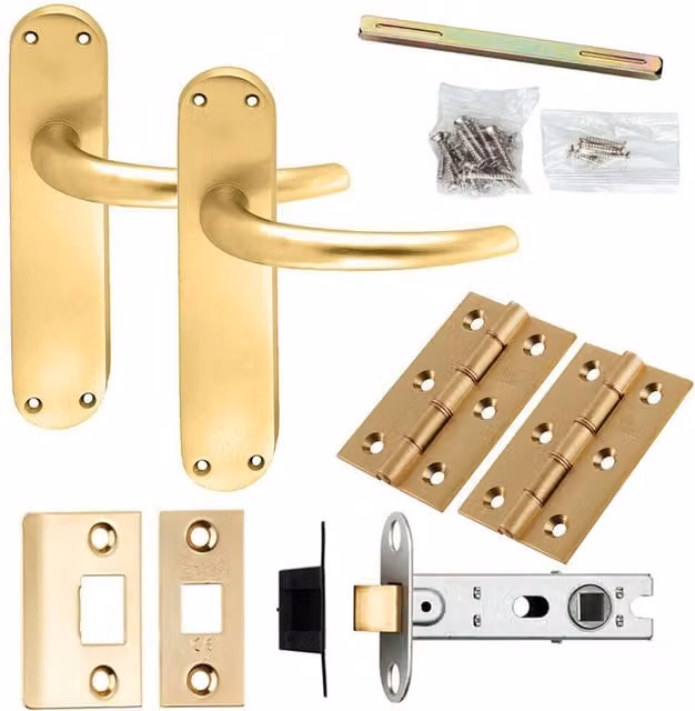 Loops Satin Brass Slim Round Bar Lever Door Handle and Latch Pack with Curved Backplate