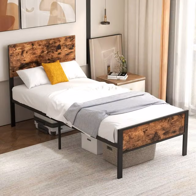 COSTWAY Single Size Rustic Brown Metal Bed Frame, W/D/H: 90 x 190 cm