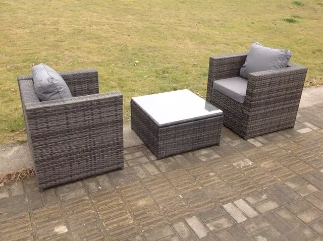 Fimous Modern Rattan Garden Furniture Set with Square Coffee Table and Chairs in Dark Grey