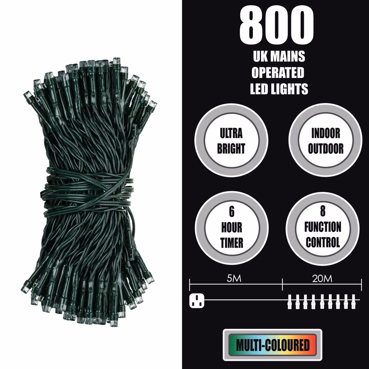 VFM e-Store Multi-Coloured LED Christmas Fairy Lights, 800 LED, 20m, Mains Operated – 2