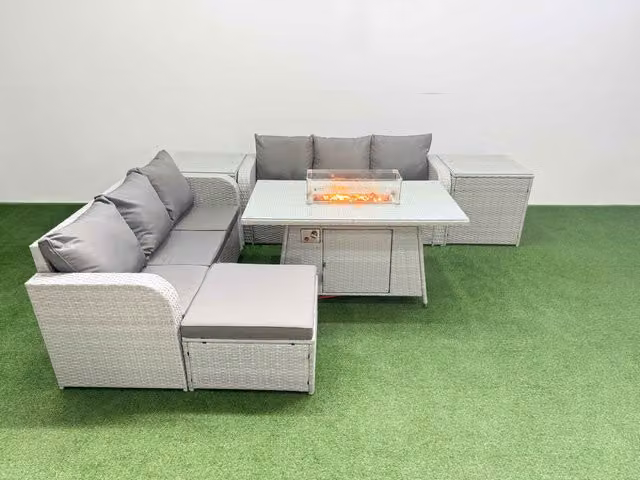 Fimous 7 Seater Grey Wicker Rattan Garden Furniture Set with Firepit Dining Table, High Back Lounge Sofa, Large Footstool and 2 Side Chairs