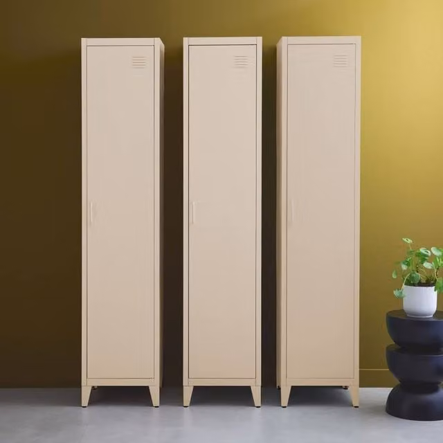 sweeek Set of 3 Metal Industrial Lockers in Beige with Hinged Doors and Internal Shelves, H 180 x W 38 x D 38 cm