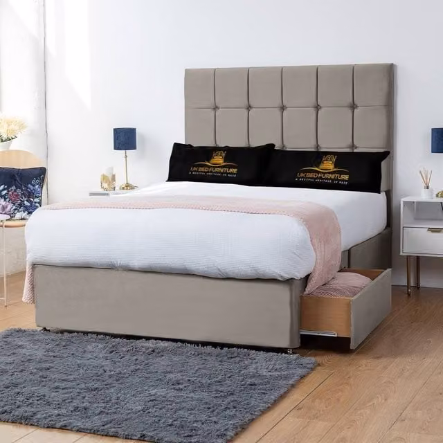 UK Bed Furniture Florence Divan Bed with 2 Drawers and 26 Inch Headboard in Light Beige, Size: 180 x 200 cm