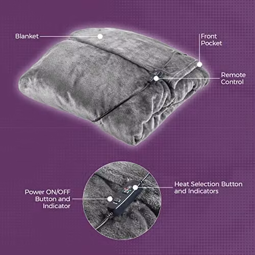 Tower C81149GRY Grey Flannel Fleece Heated Wearable Blanket with 4 Heat Settings, W: 183 cm, D: 155 cm – 7
