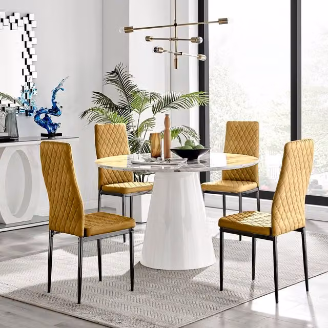 Furniturebox Palma Round White Marble Effect Dining Table and 4 Mustard Velvet Milan Chairs with Black Legs