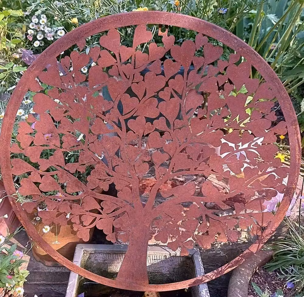 F&G Supplies Rustic Metal Garden Wall Art Plaque with Heart Leaf Tree and Love Birds, Brown, Diameter: 60 cm – 3