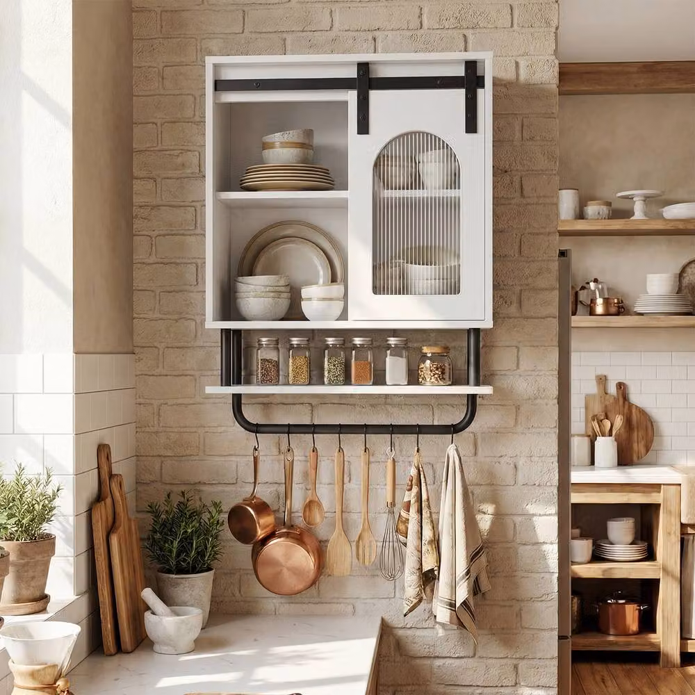 Costway White Wall Mounted Bathroom and Kitchen Medicine Cabinet with Sliding Glass Barn Doors and Internal Shelves – 5