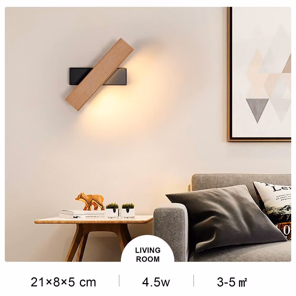Pheashine Wood Rotatable LED Wall Lamp with 4W Warm White Light, Black Base and Light Brown Wood, W/D/H: 21 x 5 x 8 cm – 5