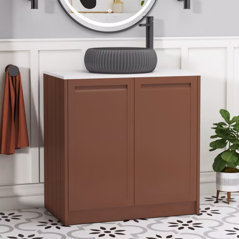 Royal Bathrooms Elmore 800mm Terracotta Clay Floor Standing 2 Door Vanity Unit with Plain White Worktop and Milan Black Basin