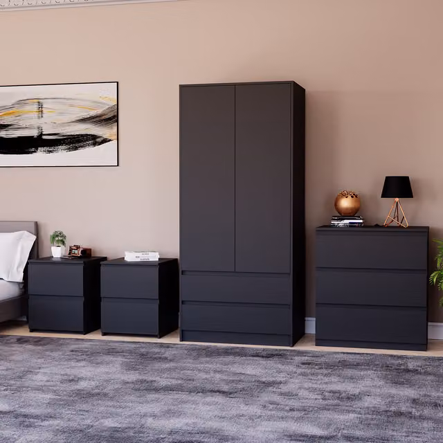 Vida Designs Denver Modern Bedroom Set in Matt Black including 2 Drawer Bedside Tables, 3 Drawer Chest and 2 Door Wardrobe