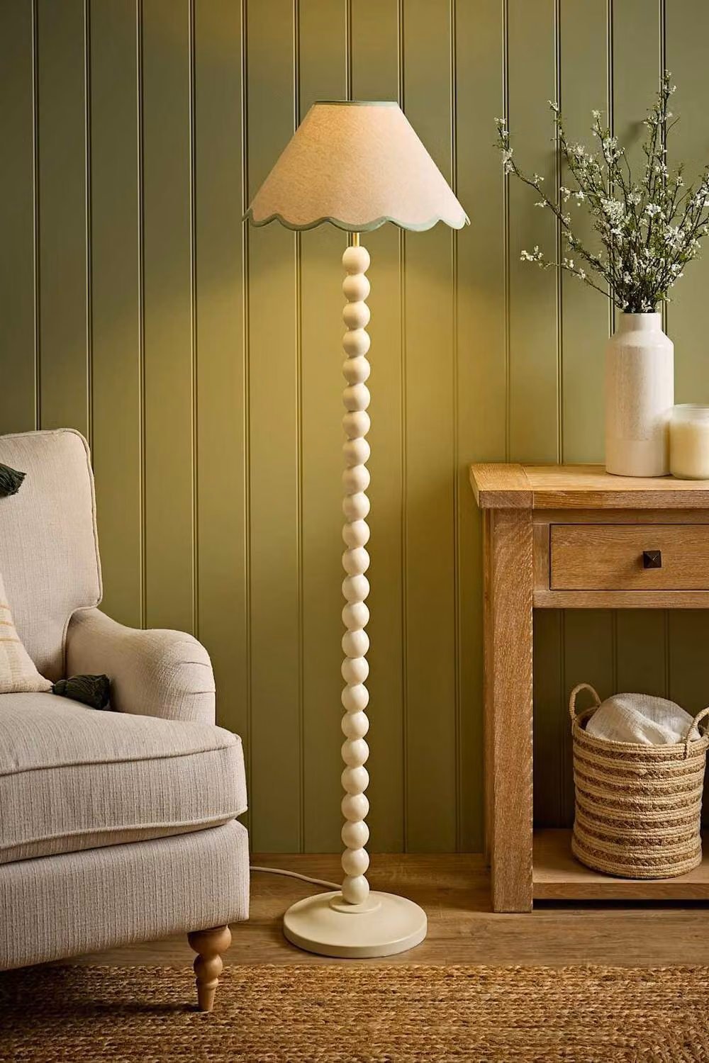 ValueLights Bobbin Colour Trim Linen Floor Lamp with Bulb in Cream and Green – 2