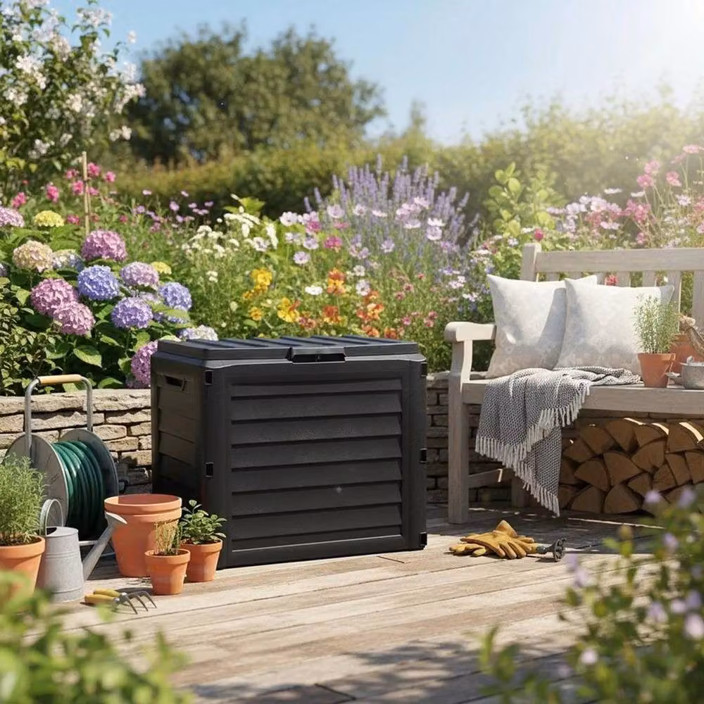 FLAVORA Grey and Black Plastic Outdoor Garden Storage Box – 4