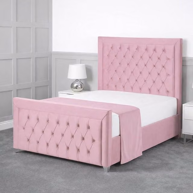 Living Comfort Bedz Ember Pink Velvet Upholstered Gas Lift Storage Bed with 48 Inch Headboard, W/D/H: 180 x 200 cm