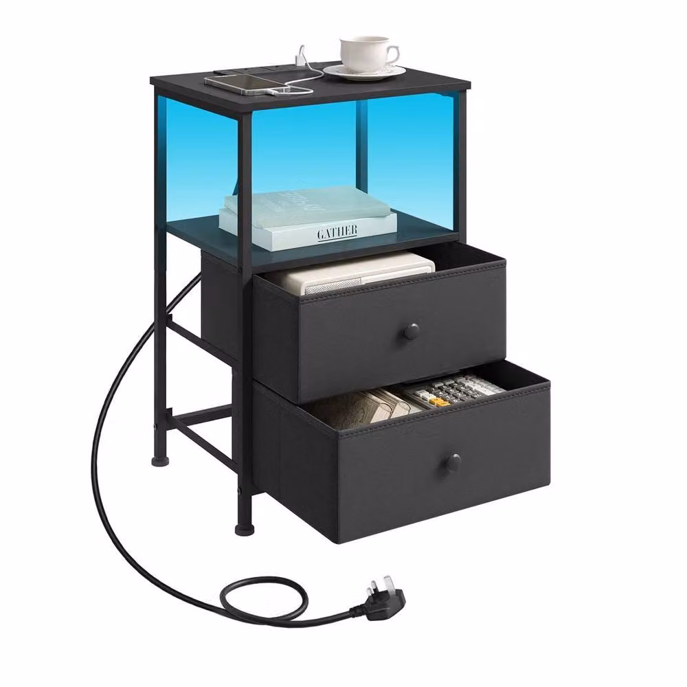 SPETLEK Modern Black Wooden Bedside Table Cabinet with Integrated Lighting – 3