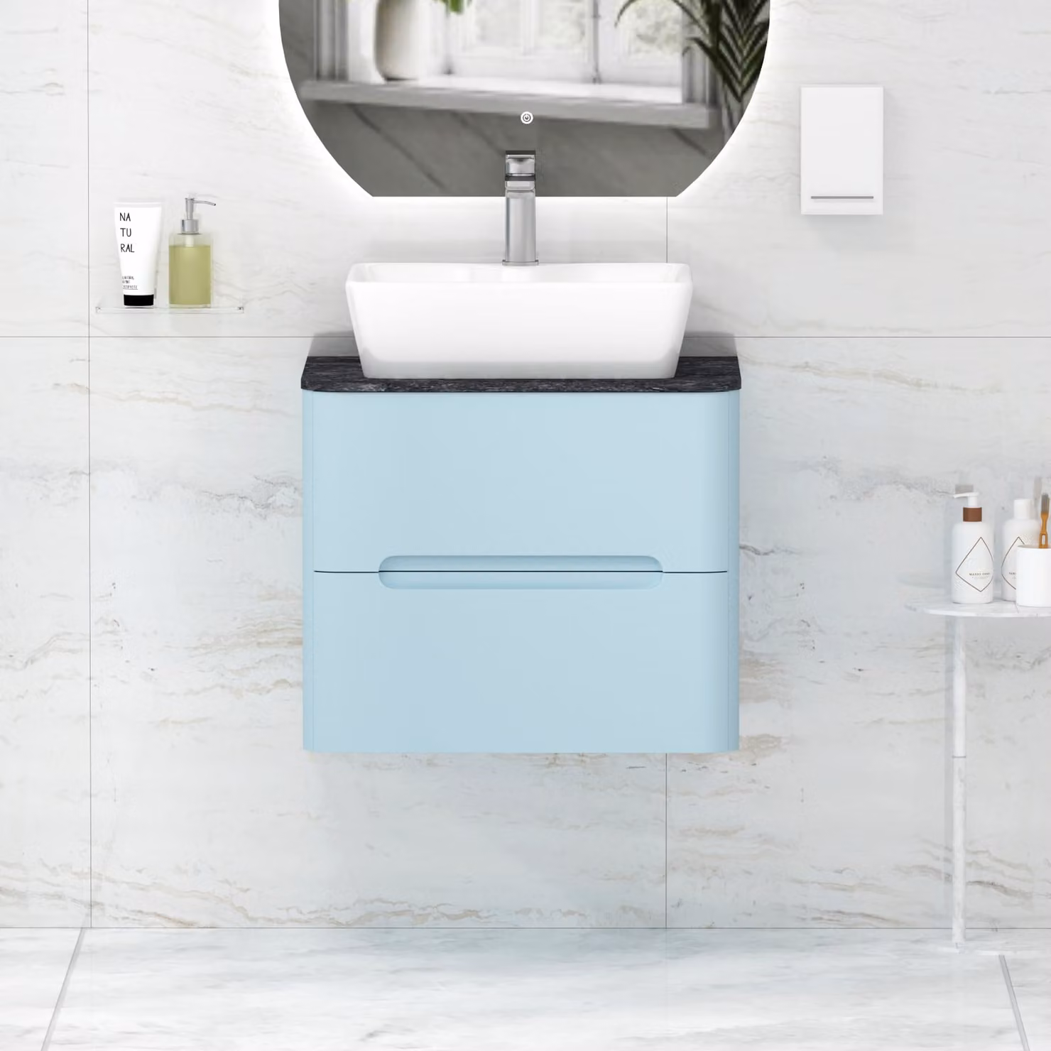 Royal Bathrooms Venice Wall Hung Vanity Unit with 2 Drawers and Cube Basin, Powder Blue and Black Star Worktop, W: 60 cm