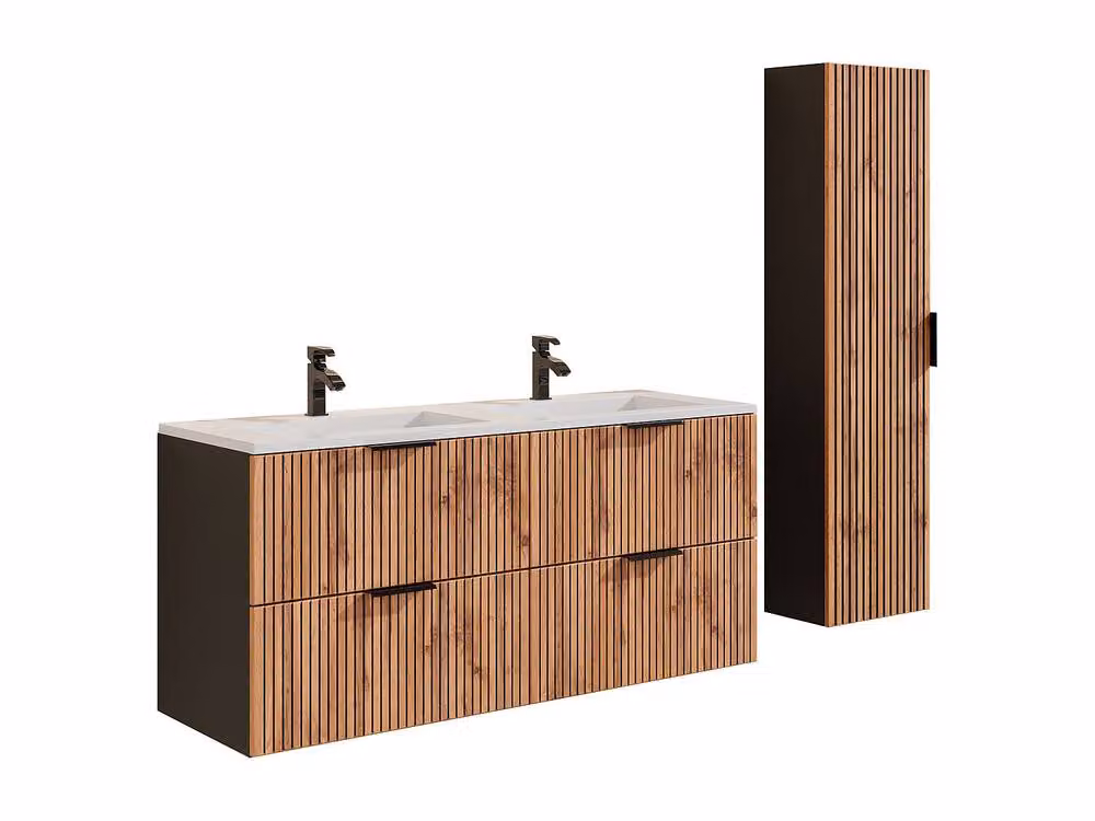 Vente-unique Ribbed Suspended Bathroom Vanity Unit and Tall Cabinet with Inset Basin and Column in Black – 2