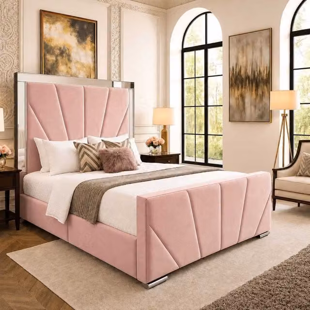 Sunrise Mirrored Bed by K Mehmood Enterprise Ltd in Pink Velvet, King Size (180 x 200 cm)