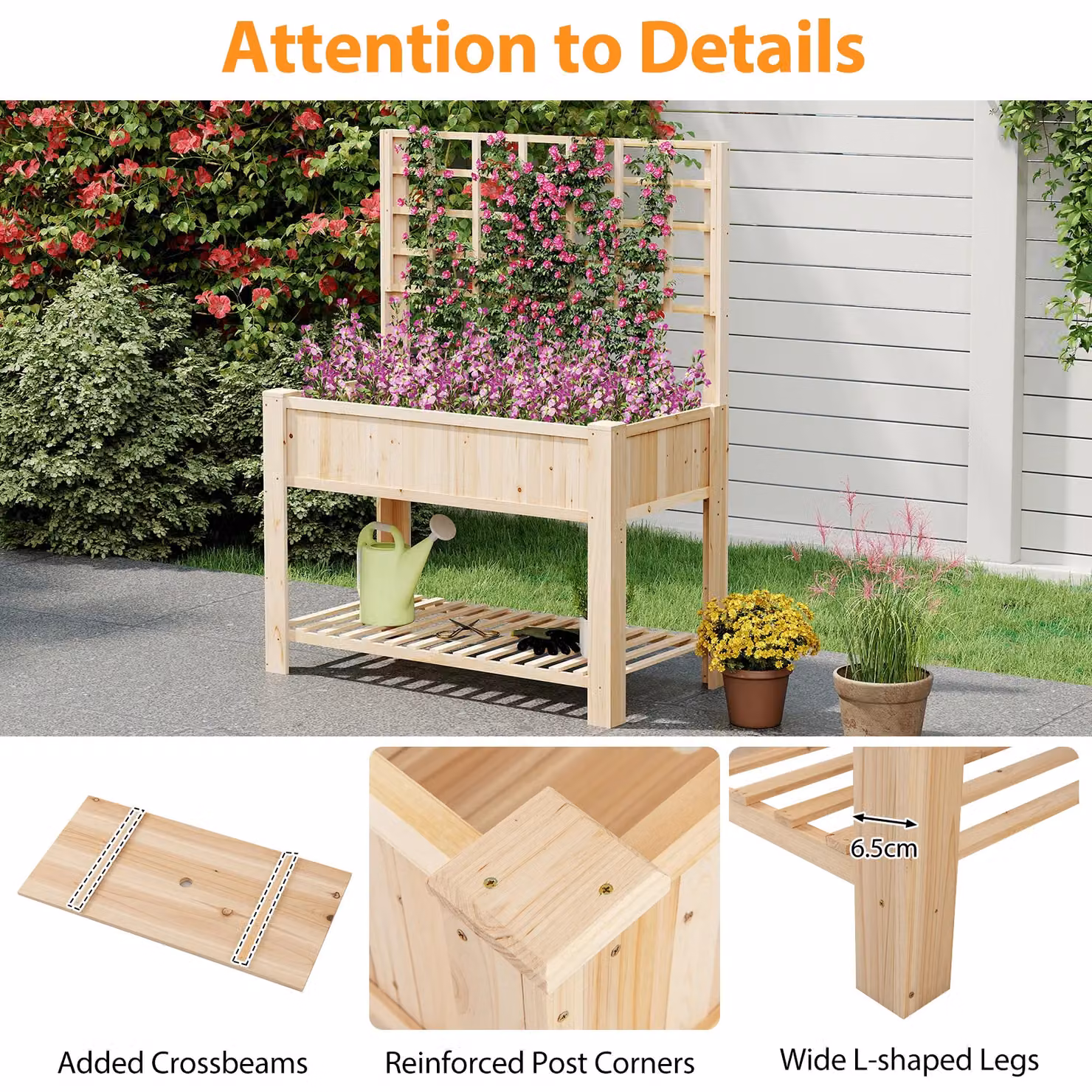 Gymax Wooden Elevated Planter Box with Trellis and Shelf in Beige – 3