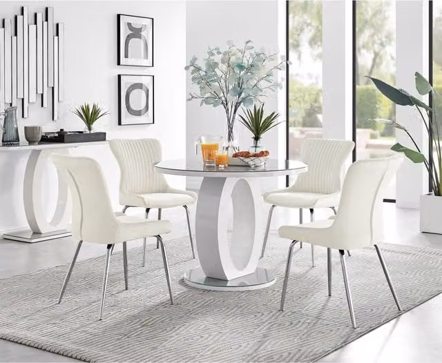 FurnitureboxUK Giovani Round Grey Glass Dining Table with 4 Nora Cream Chairs and Silver Legs, Diameter: 100 cm