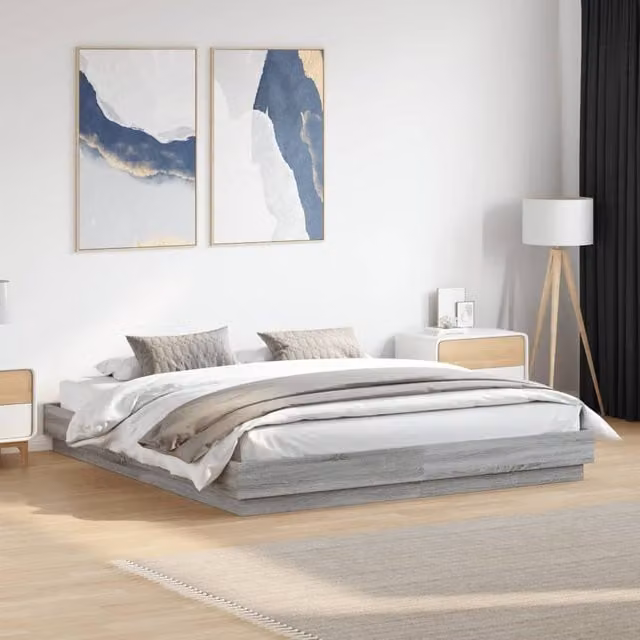 Berkfield Home Super King Bed Frame in Grey Sonoma with LED Under-Bed Lighting and USB Charging Port, W: 180 cm, D: 200 cm