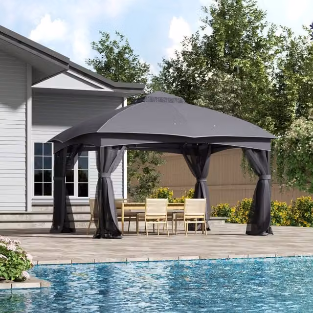Lifeideas Pyramid Hip Roofed Polyester Garden Gazebo in Dark Grey, W: 396 cm, D: 325 cm, H: 280 cm